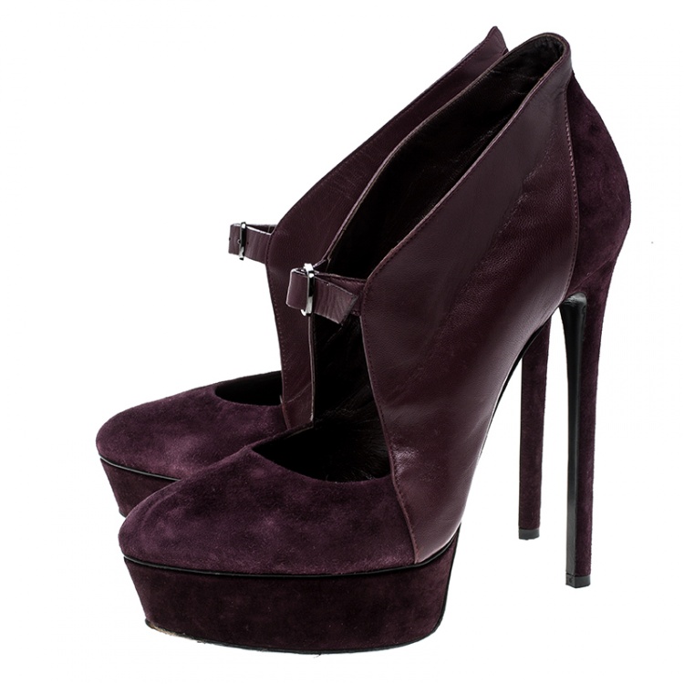 Pre Owned Casadei Bordeaux Suede and Leather Buckle Platform Pumps Size 40