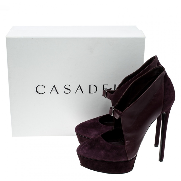 Pre Owned Casadei Bordeaux Suede and Leather Buckle Platform Pumps Size 40