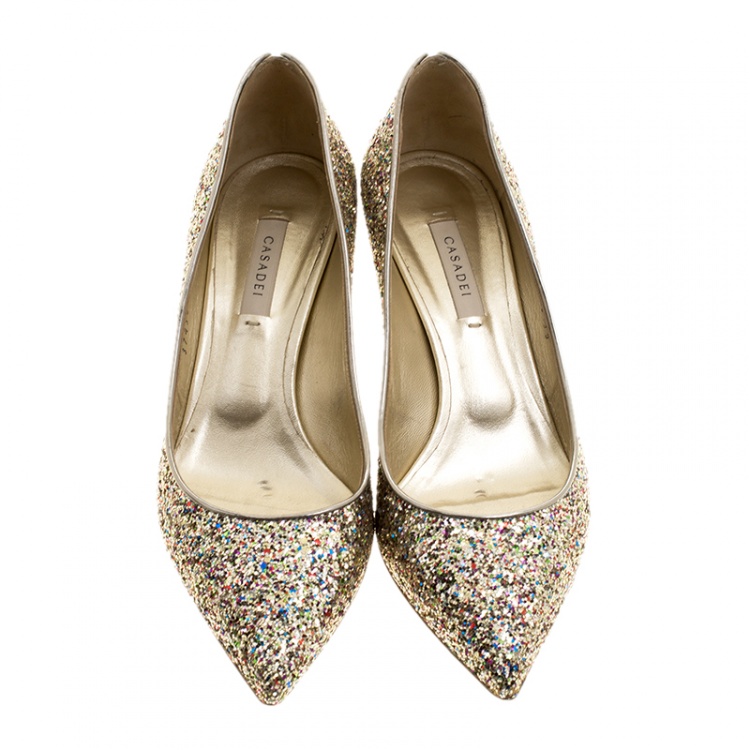 Pre Owned Casadei Metallic Multicolor Glitter Pointed Toe Pumps Size 39