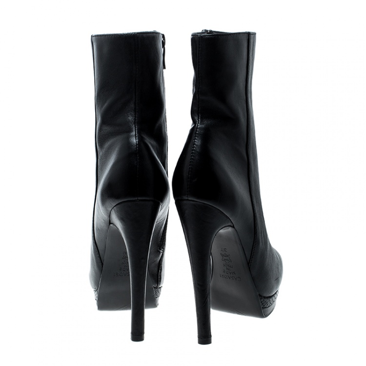 Pre Owned Casadei Black Leather Pointed Toe Platform Ankle Boots Size 37
