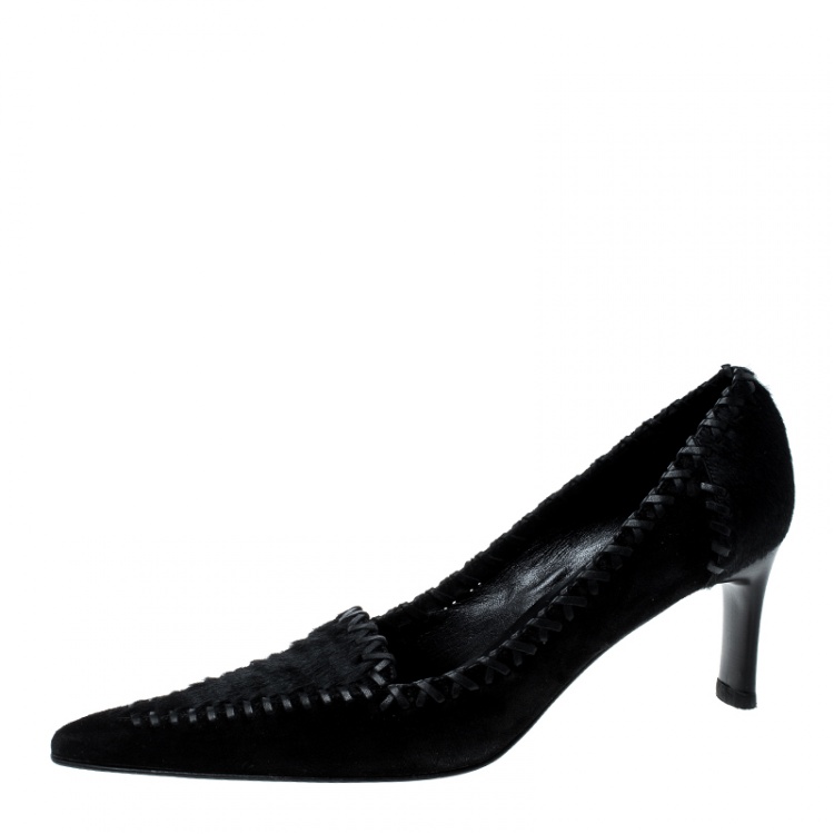 مملوكة مسبقًا Casadei Black Suede and Pony Hair Cross Stitch Trim Pointed Toe Pumps Size 38