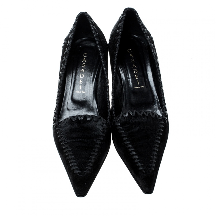 مملوكة مسبقًا Casadei Black Suede and Pony Hair Cross Stitch Trim Pointed Toe Pumps Size 38
