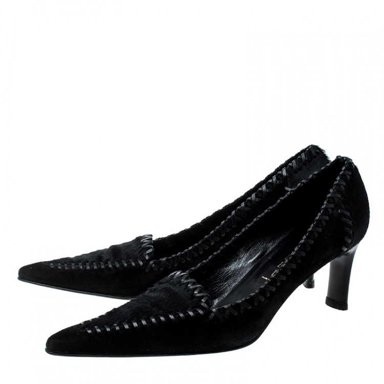 مملوكة مسبقًا Casadei Black Suede and Pony Hair Cross Stitch Trim Pointed Toe Pumps Size 38