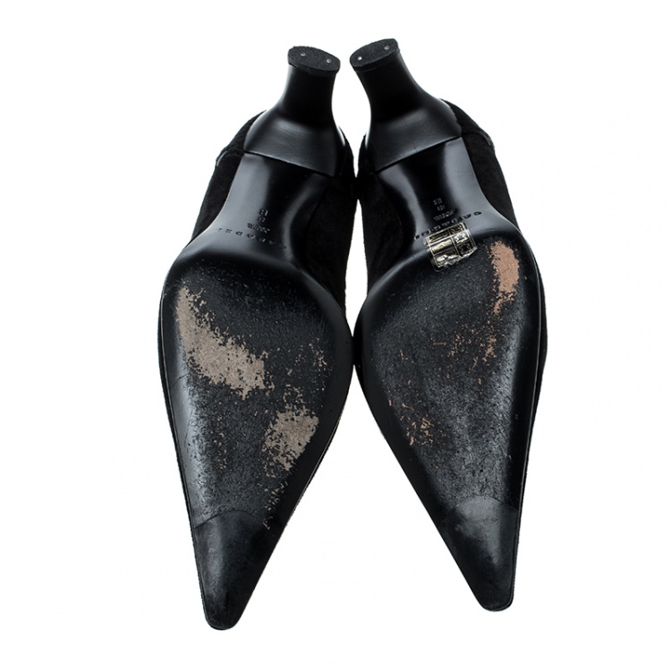 مملوكة مسبقًا Casadei Black Suede and Pony Hair Cross Stitch Trim Pointed Toe Pumps Size 38