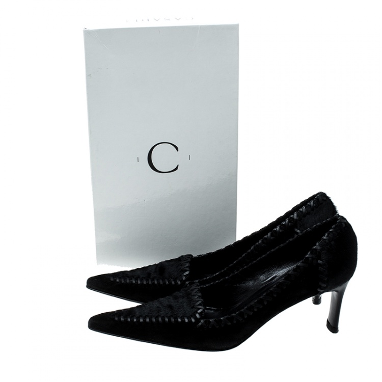 مملوكة مسبقًا Casadei Black Suede and Pony Hair Cross Stitch Trim Pointed Toe Pumps Size 38