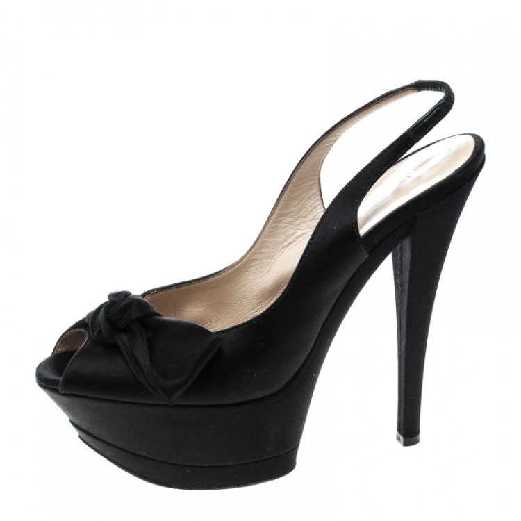 Pre Owned Casadei Black Satin Peep Toe Slingback Sandals Size 37