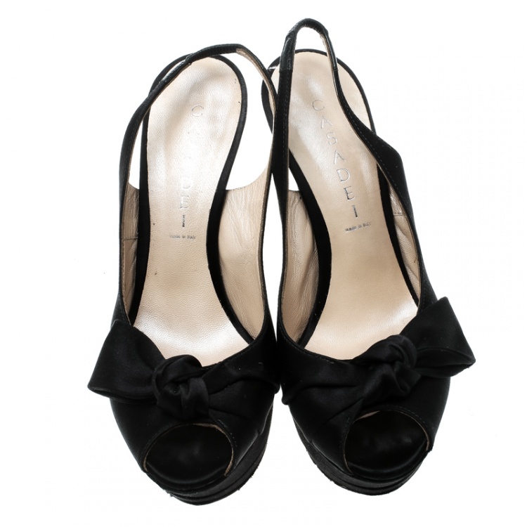 Pre Owned Casadei Black Satin Peep Toe Slingback Sandals Size 37