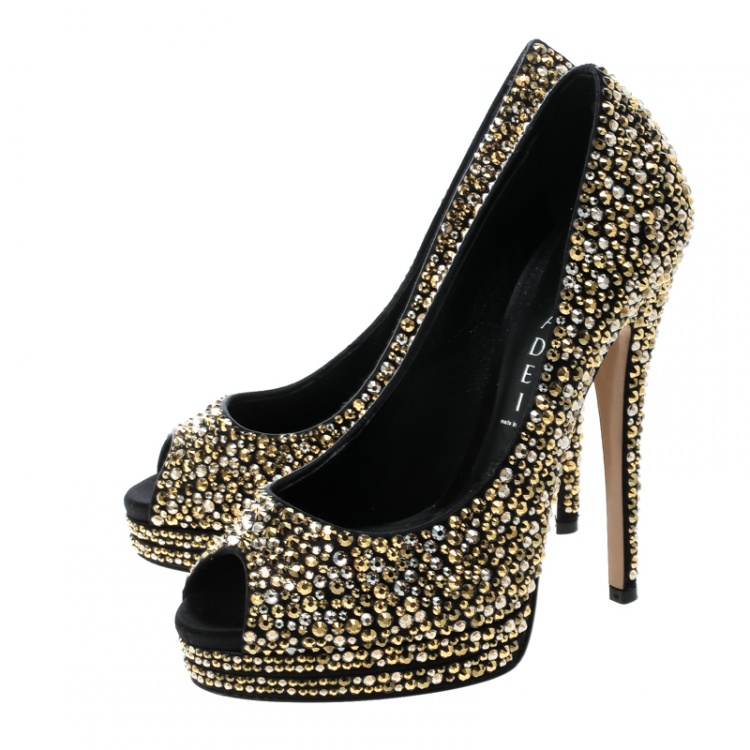 Pre Owned Casadei Black Satin Swarovski Crystal Embellished Peep Toe Pumps Size 36.5
