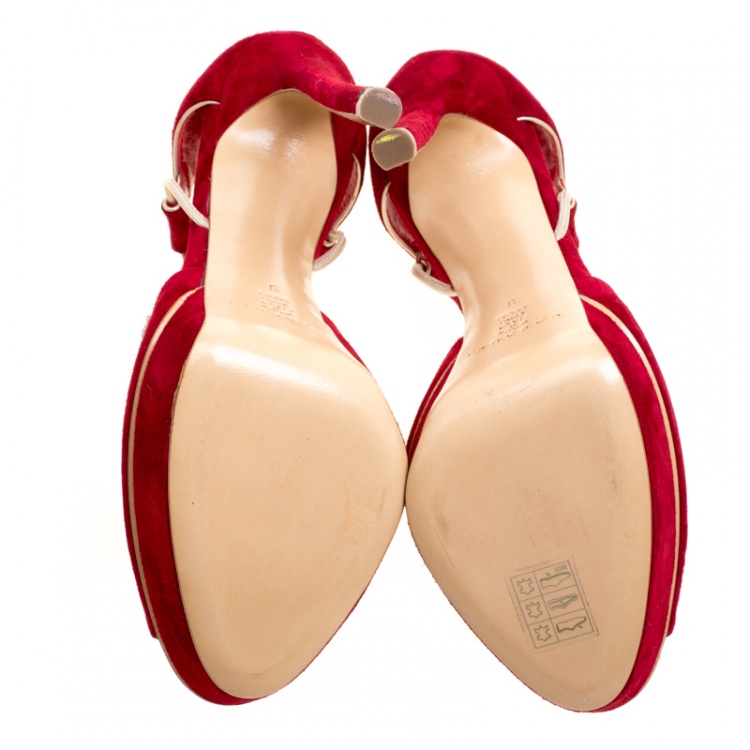 مملوكة مسبقًا Casadei Red Suede Peep Toe Ankle Strap Platform Sandals Size 39