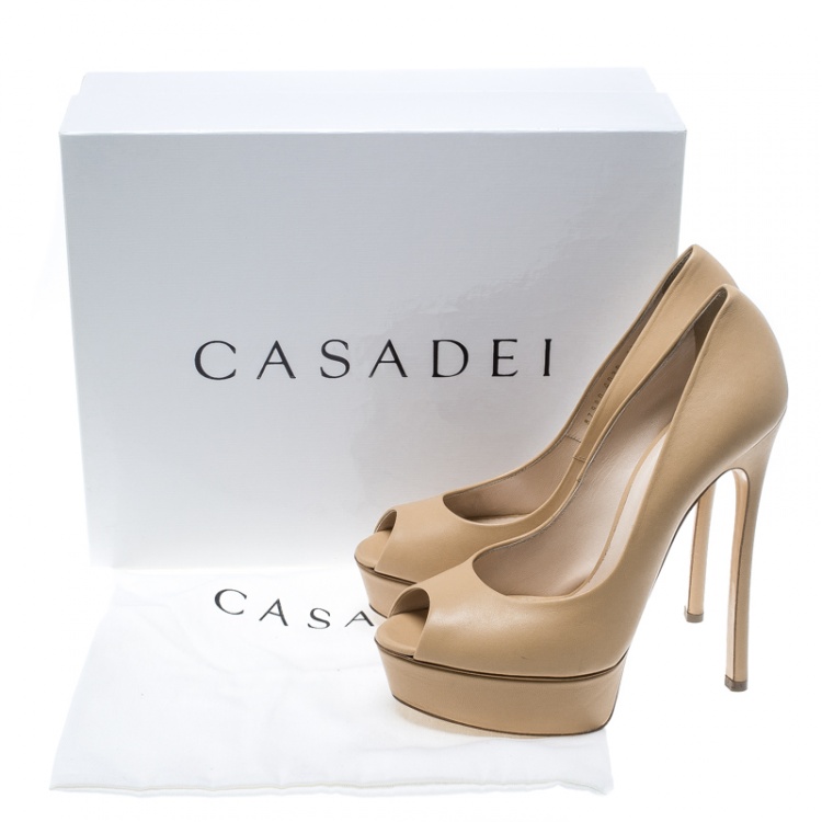 Pre Owned Casadei Beige Leather Peep Toe Platform Pumps Size 39