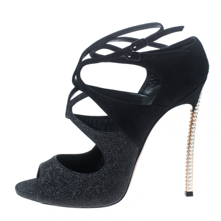 Pre Owned Casadei Black Suede and Glitter Hollywood Peep Toe Cut Out Pumps Size 40