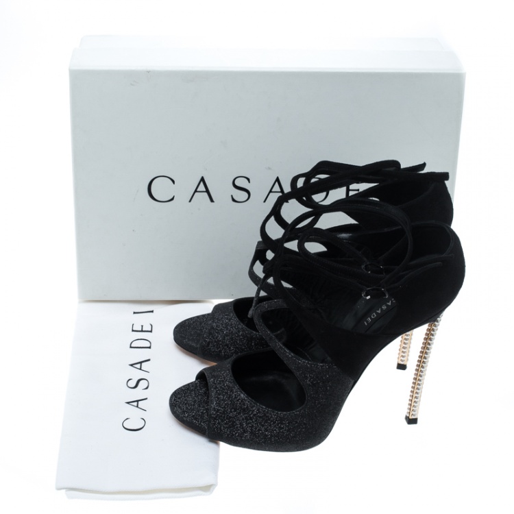 Pre Owned Casadei Black Suede and Glitter Hollywood Peep Toe Cut Out Pumps Size 40