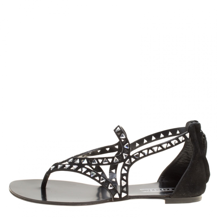 Pre Owned Casadei Black Cut Out Suede Crystal Embellished Flat Thong Sandals Size 36