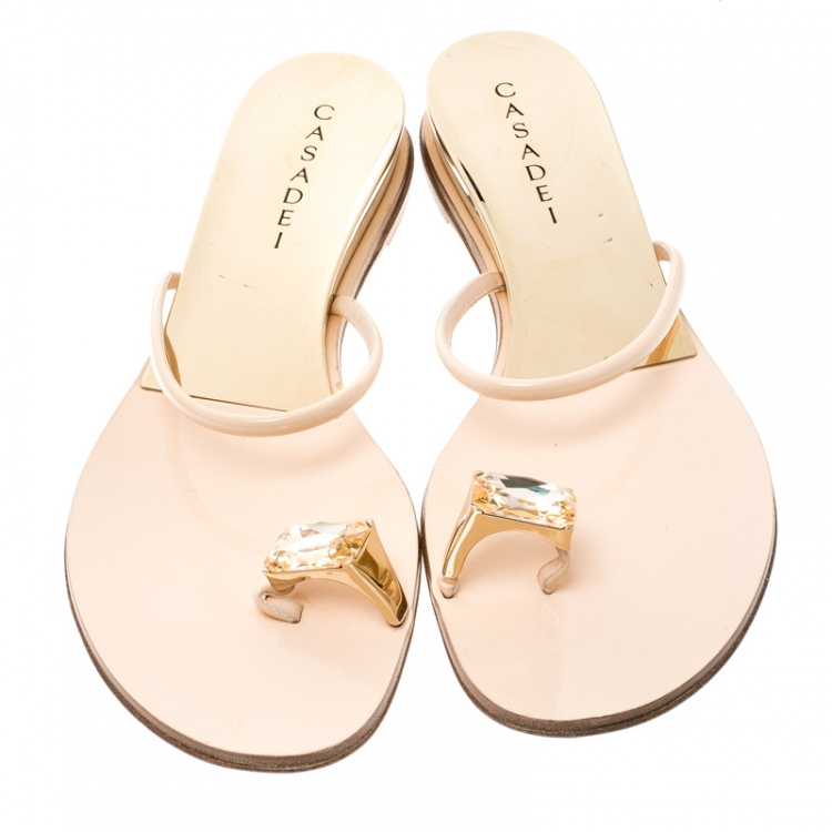 Pre Owned Casadei Blush Pink Patent Leather Crystal Toe Ring Sandals Size 39