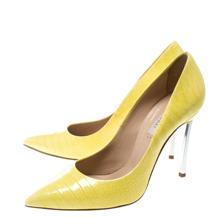 Pre Owned Casadei Yellow Croc Embossed Patent Leather Pointed Toe Pumps Size 37.5