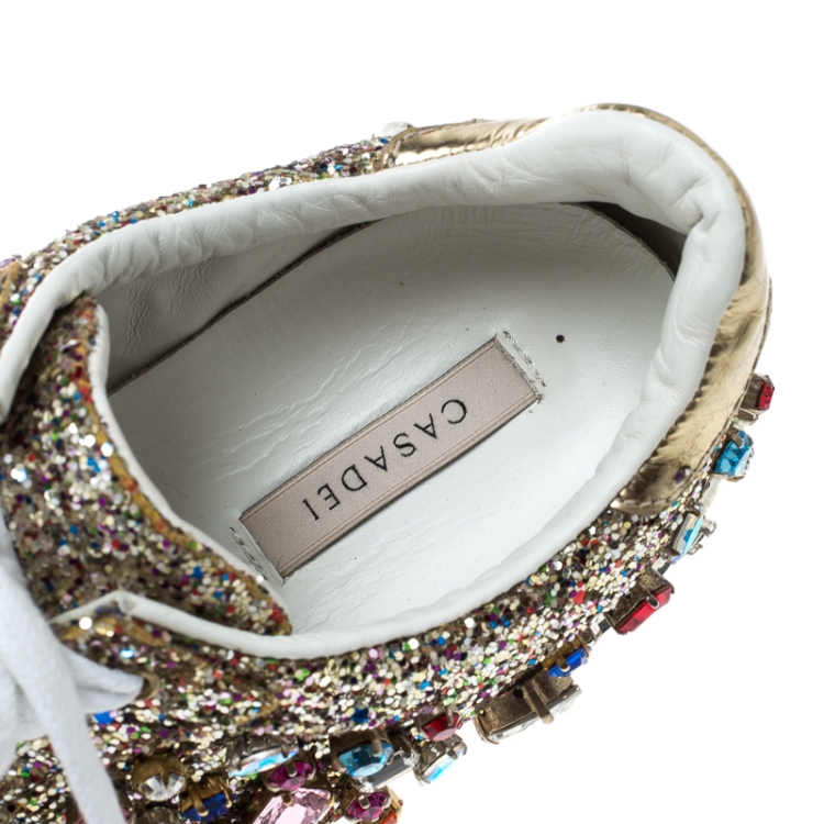Pre Owned Casadei Multicolor Crystal Embellished Glitter Lace Up Sneakers Size 39