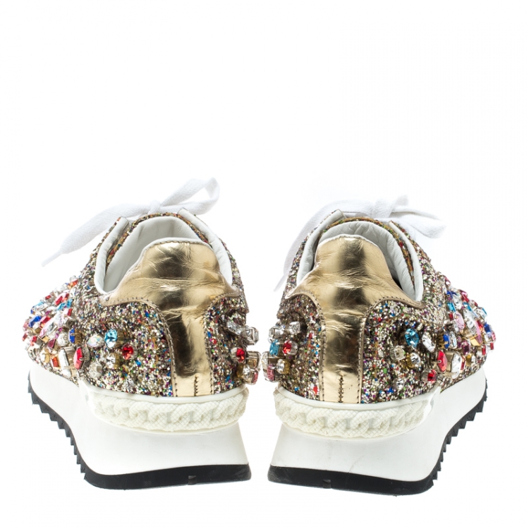 Pre Owned Casadei Multicolor Crystal Embellished Glitter Lace Up Sneakers Size 39