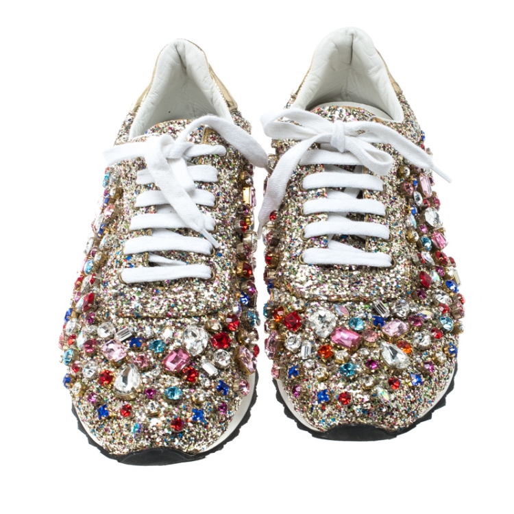 Pre Owned Casadei Multicolor Crystal Embellished Glitter Lace Up Sneakers Size 39