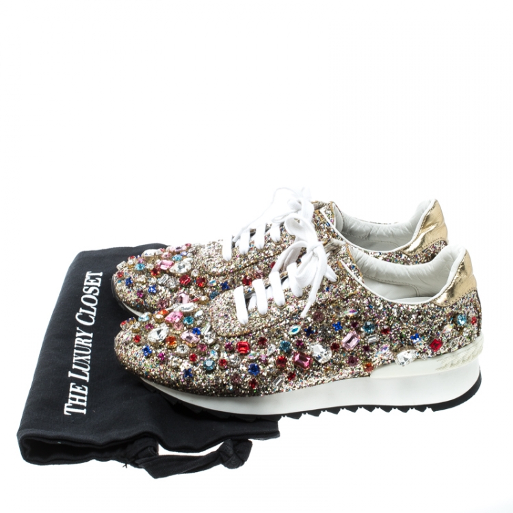 Pre Owned Casadei Multicolor Crystal Embellished Glitter Lace Up Sneakers Size 39