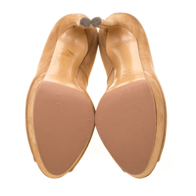 Pre Owned Casadei Beige Suede Butterfly Detail Platform Peep Toe Pumps Size 38.5