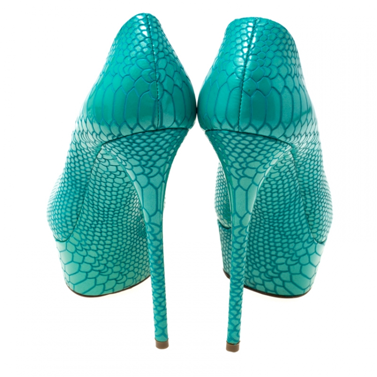 Pre Owned Casadei Blue Python Embossed Patent Leather Peep Toe Platform Pumps 38