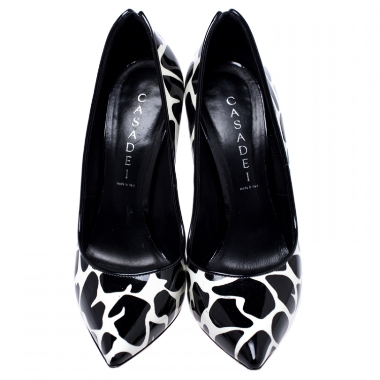 Pre Owned Casadei Black/White Patent Leather Giraffe Blade Pumps Size 38