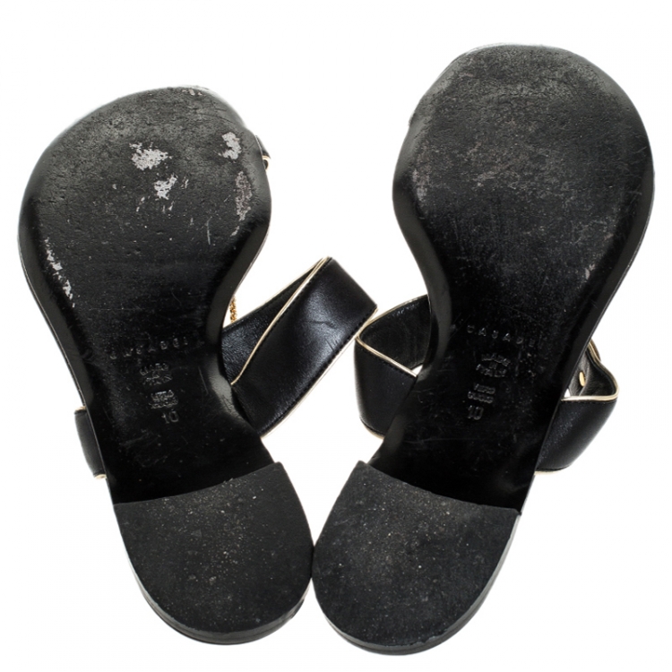 Pre Owned Casadei Black Leather Embellished Chain Detail Toe Ring Flats Size 40