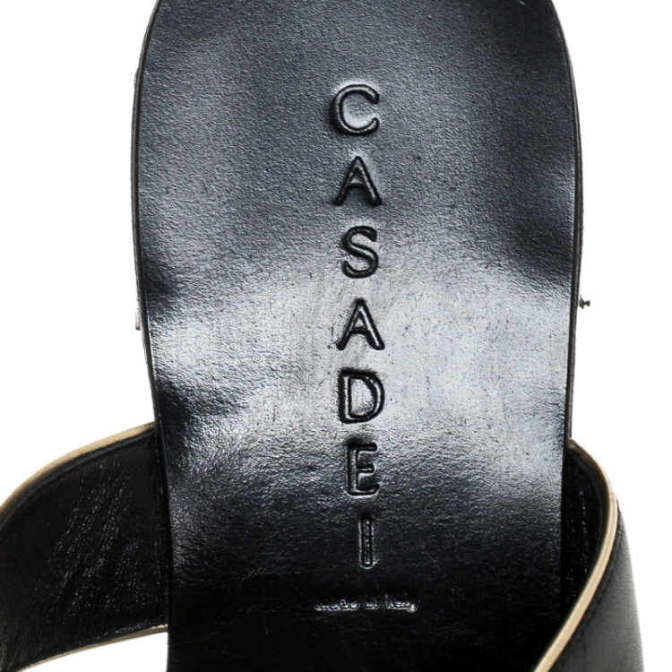 Pre Owned Casadei Black Leather Embellished Chain Detail Toe Ring Flats Size 40