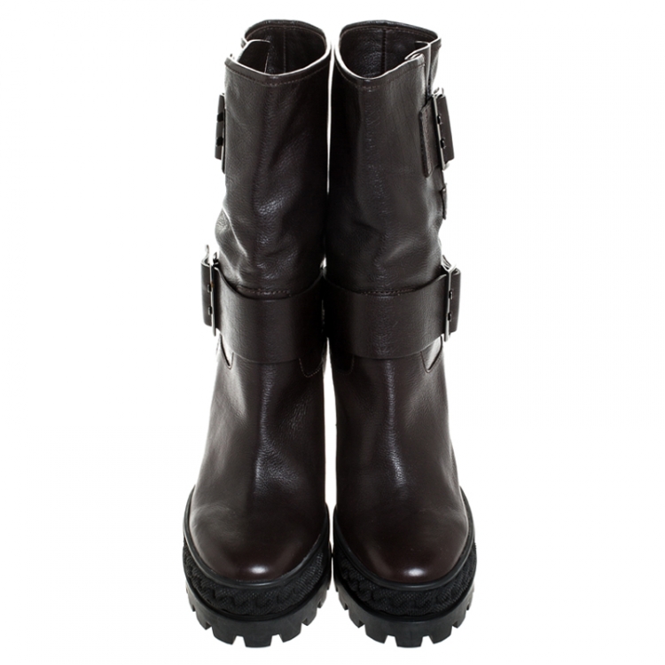 Pre Owned Casadei Brown Leather Wedge Chain Motif Buckle Mid Calf Boots Size 38