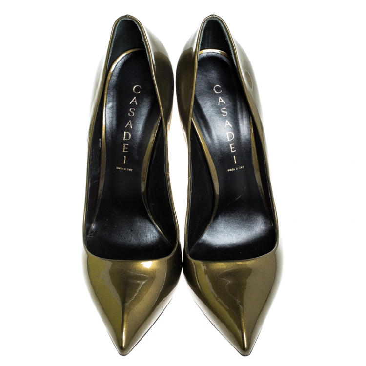 Pre Owned Casadei Olive Green Patent Leather Pointed Toe Pumps Size 39