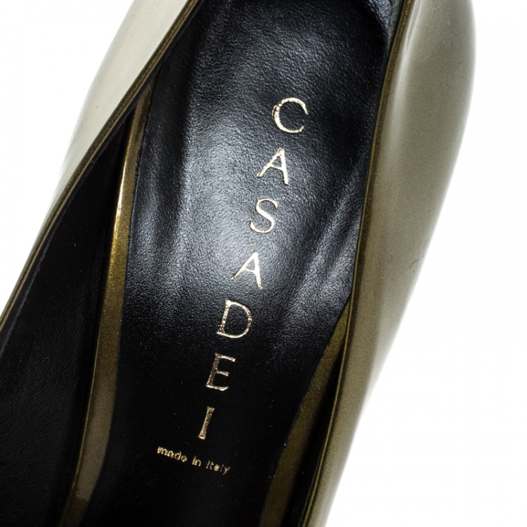 Pre Owned Casadei Olive Green Patent Leather Pointed Toe Pumps Size 39