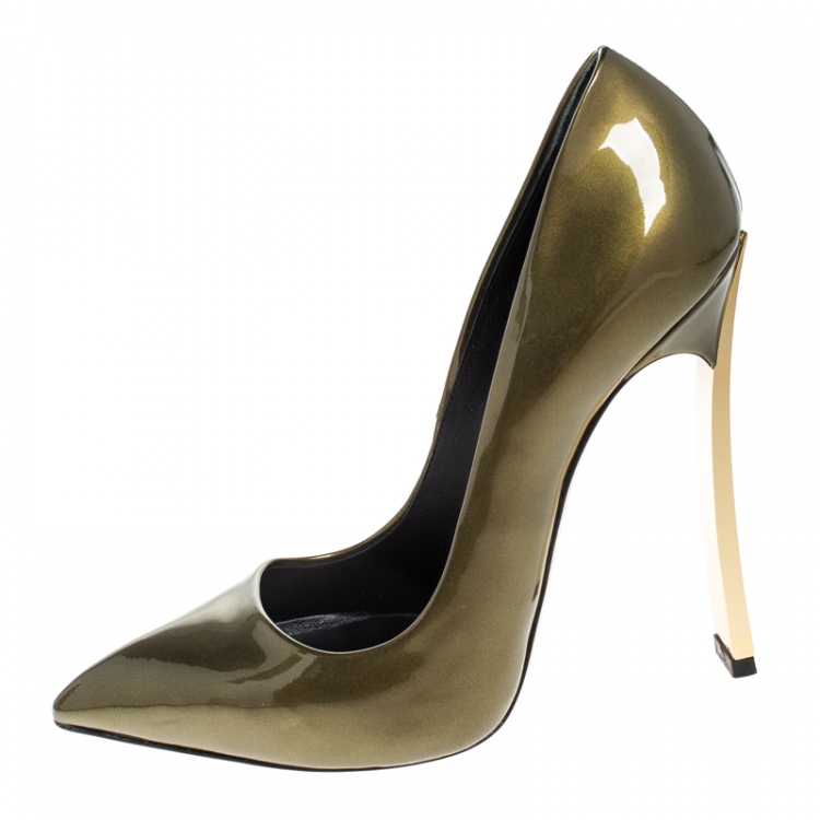 Pre Owned Casadei Olive Green Patent Leather Pointed Toe Pumps Size 39