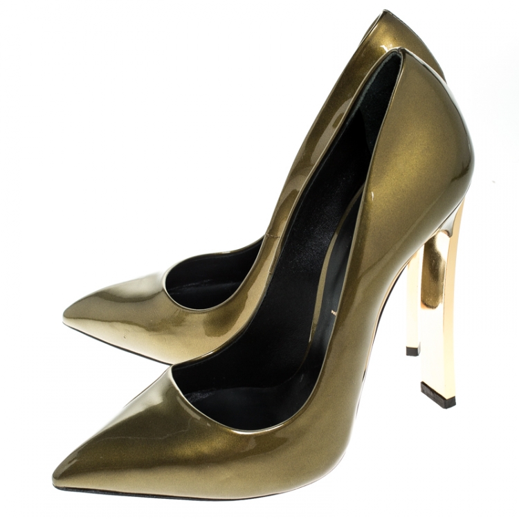 Pre Owned Casadei Olive Green Patent Leather Pointed Toe Pumps Size 39
