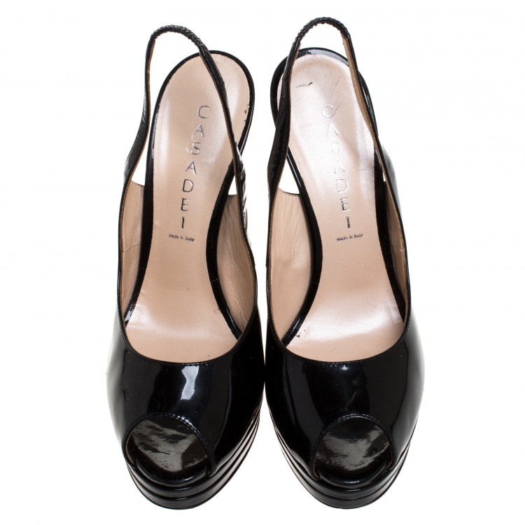مملوكة مسبقًا Casadei Black Patent Leather Peep Toe Platform Slingback Sandals Size 37