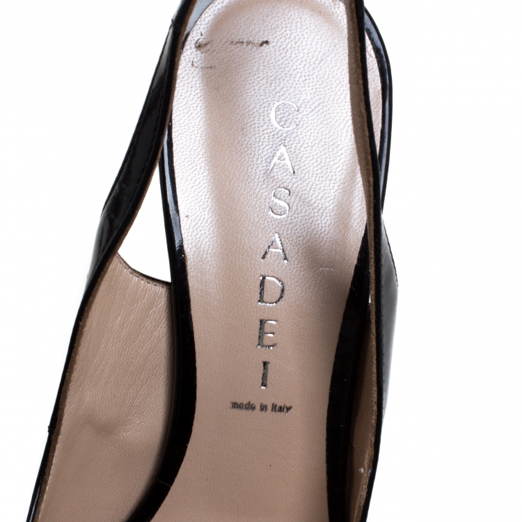 مملوكة مسبقًا Casadei Black Patent Leather Peep Toe Platform Slingback Sandals Size 37