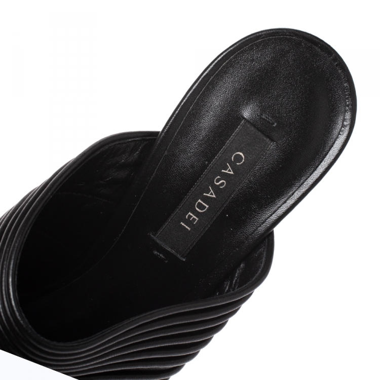 Pre Owned Casadei Black Leather Piping Detail Platform Open Toe Slide Mules Size 37