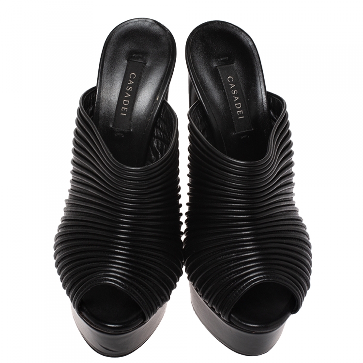 Pre Owned Casadei Black Leather Piping Detail Platform Open Toe Slide Mules Size 37