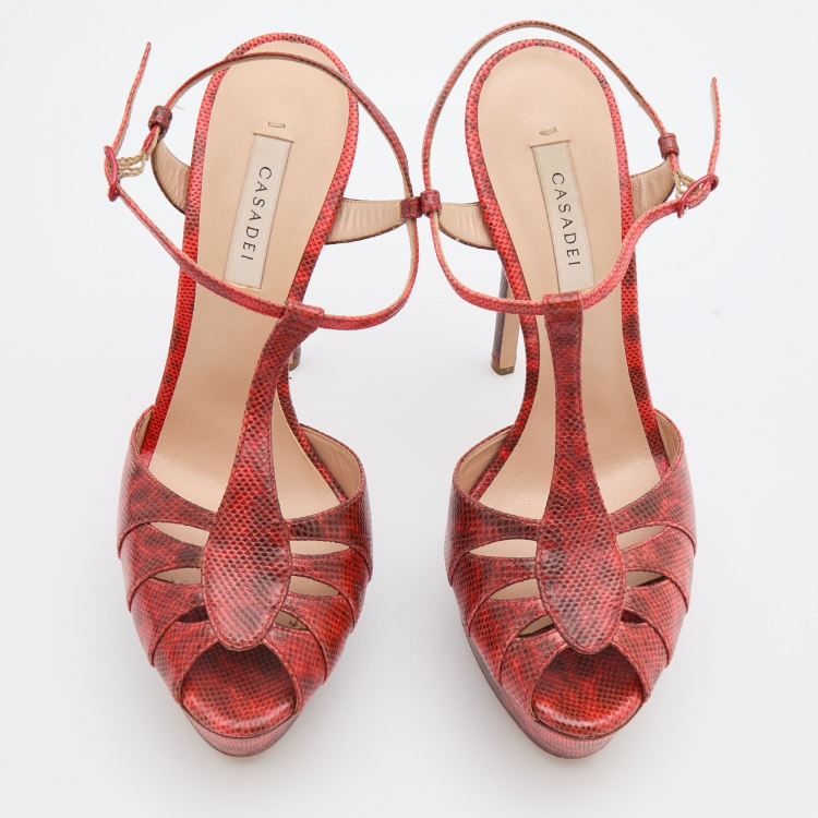 Pre Owned Casadei Red Karung Leather Platform Ankle Strap Sandals Size 37