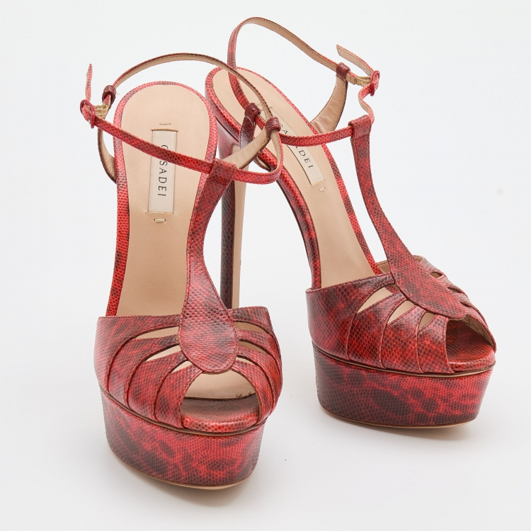 Pre Owned Casadei Red Karung Leather Platform Ankle Strap Sandals Size 37