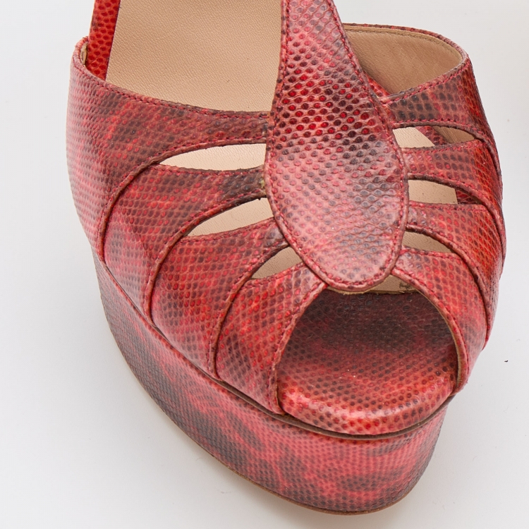 Pre Owned Casadei Red Karung Leather Platform Ankle Strap Sandals Size 37