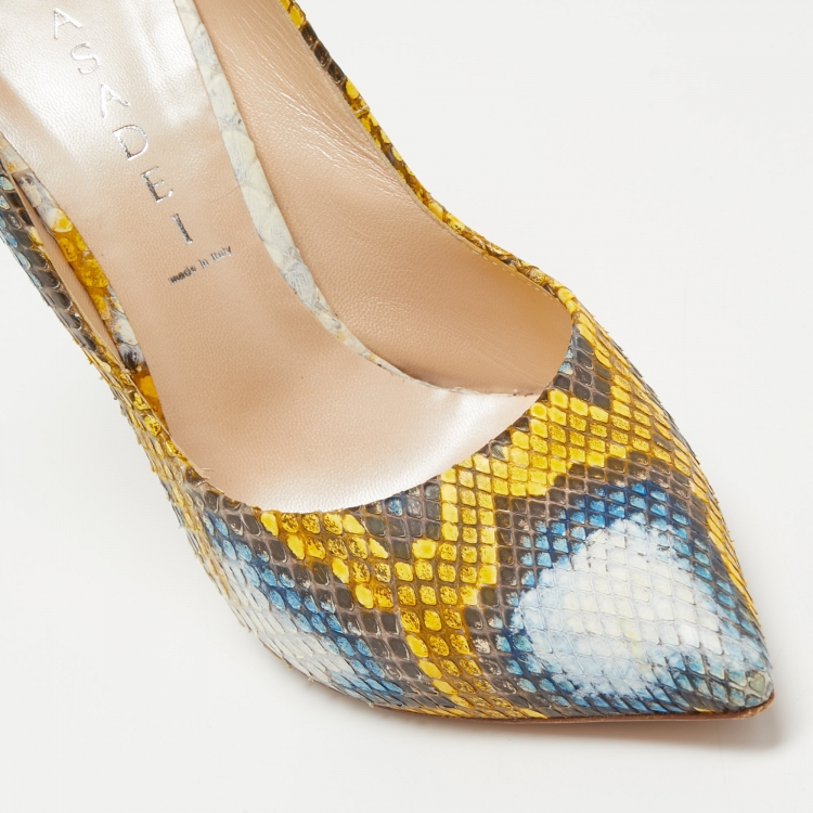 Pre Owned Casadei Tricolor Embossed Snakeskin Leather Pointed Toe Pumps Size 38