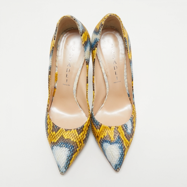Pre Owned Casadei Tricolor Embossed Snakeskin Leather Pointed Toe Pumps Size 38