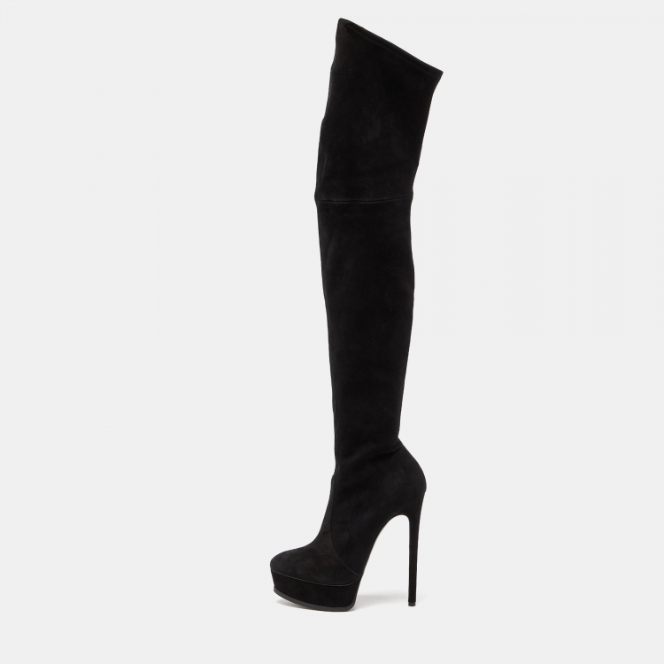 Pre Owned Casadei Black Suede Over The Knee Length Platform Boots Size 40