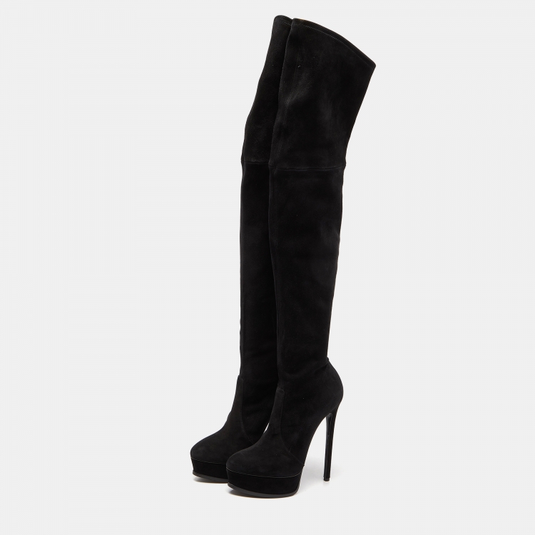 Pre Owned Casadei Black Suede Over The Knee Length Platform Boots Size 40