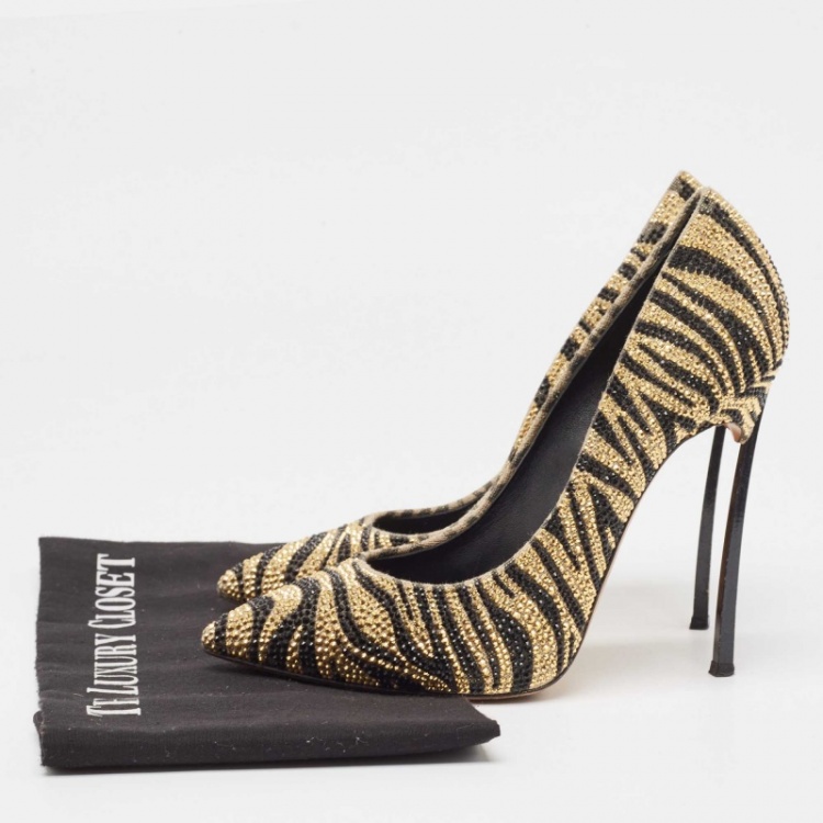 Pre Owned Casadei Gold Canvas Crystal Embellished Pumps Size 37