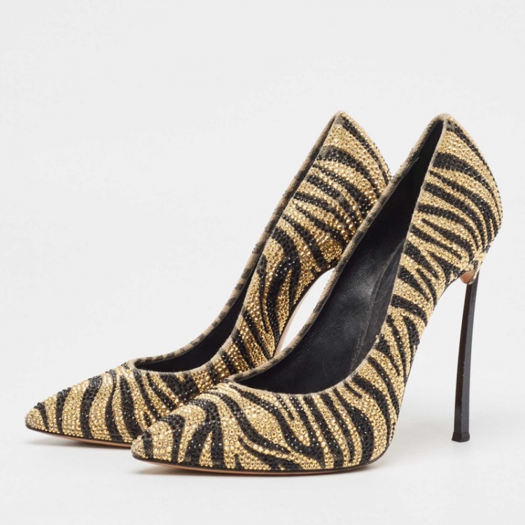 Pre Owned Casadei Gold Canvas Crystal Embellished Pumps Size 37