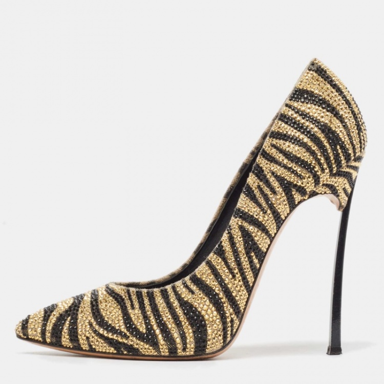 Pre Owned Casadei Gold Canvas Crystal Embellished Pumps Size 37