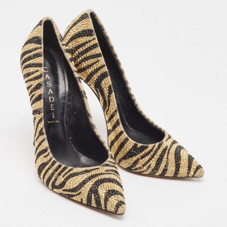 Pre Owned Casadei Gold Canvas Crystal Embellished Pumps Size 37