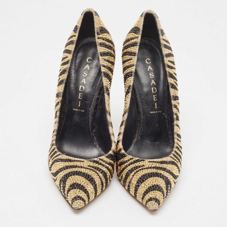 Pre Owned Casadei Gold Canvas Crystal Embellished Pumps Size 37