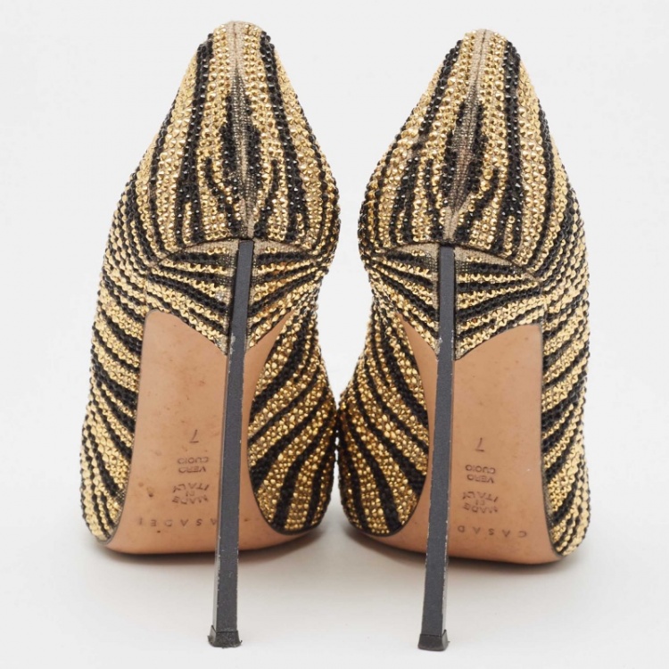 Pre Owned Casadei Gold Canvas Crystal Embellished Pumps Size 37